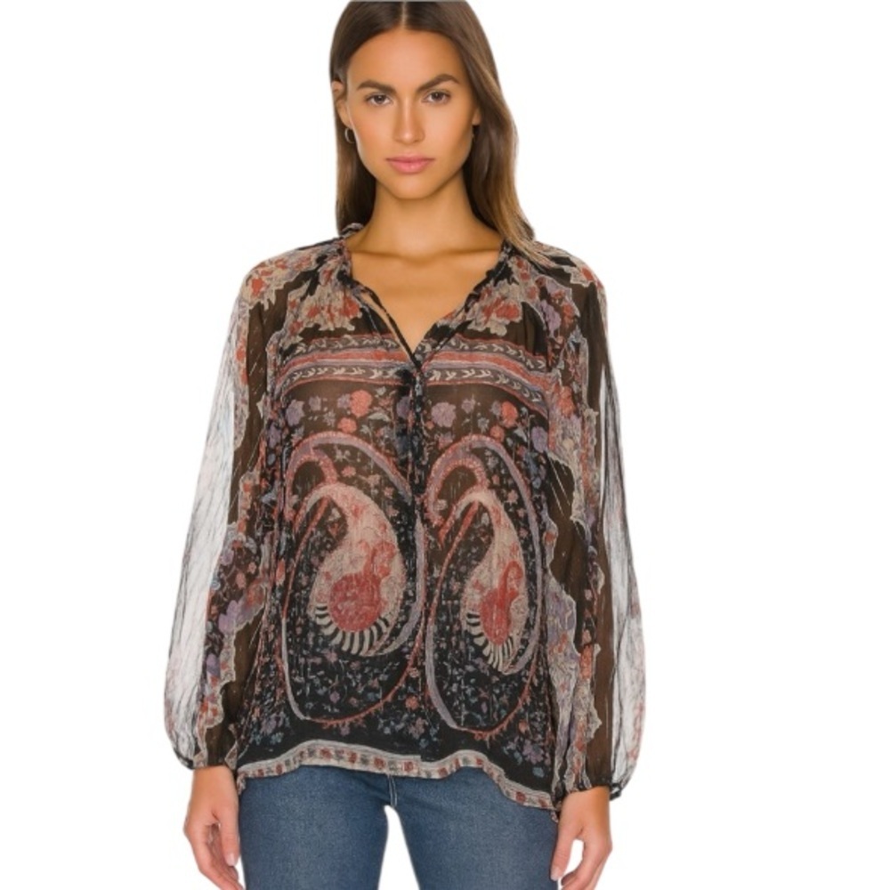 TUCKER Bergdorf Goodman Boho 100% Silk Button Down Sheer Blouse Metallic Size S